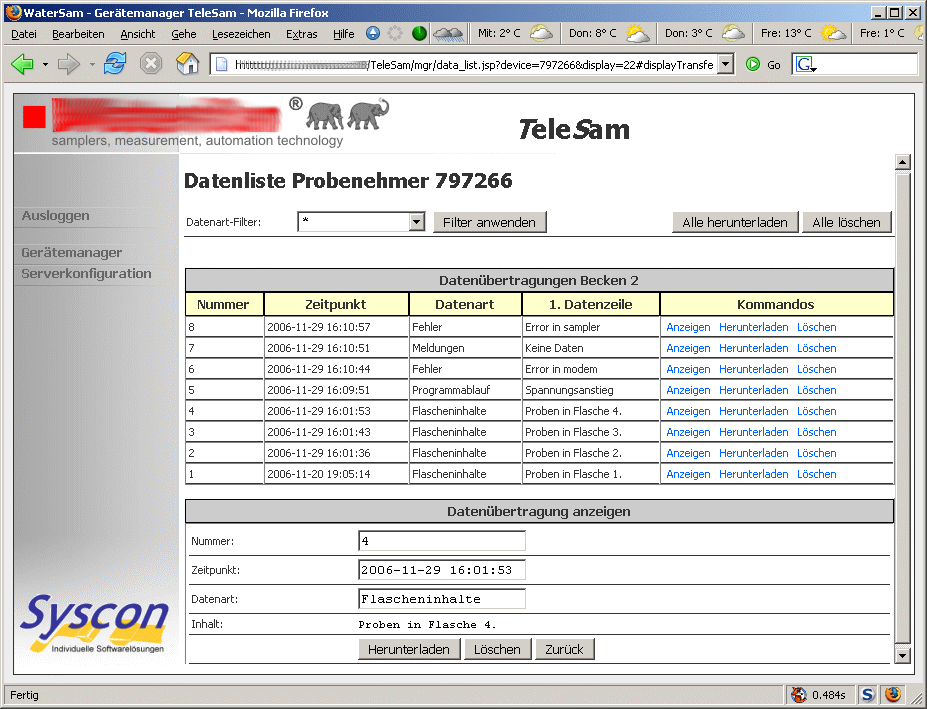 Screenshot einer Web-Anwendung zur Abfrage von Probenehmern
